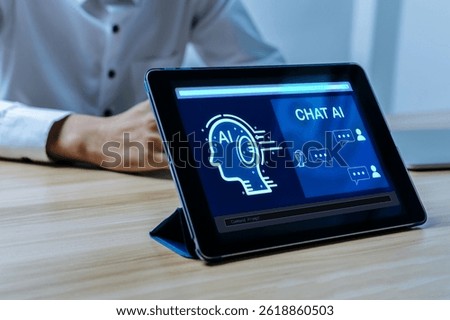 Ai technology. digital mobile tablet with AI chatbot virtual icon diagram with business man on desk, human resources, business development manager, futuristic technology, digital marketing concept