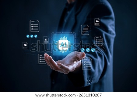 AI technology for document verification and task checklist approval automation. business interface, representing smart workflow, data control, task tracking, and decision making efficiency.