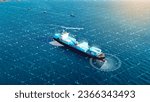 AI technology. Global Logistics international delivery concept, World map logistic and supply chain network distribution container Ship running for export import to customs cean concept isometric	
