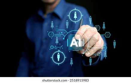 AI technology for HR, Human resources. A man uses artificial intelligence to manage and recruit employees. Automate the hiring process