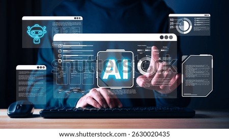 AI Technology Interface, Artificial Intelligence Concept, Businessman Interacting with Futuristic AI Interface on Virtual Screen, Artificial Intelligence (AI) and Machine Learning Concept for Digital.