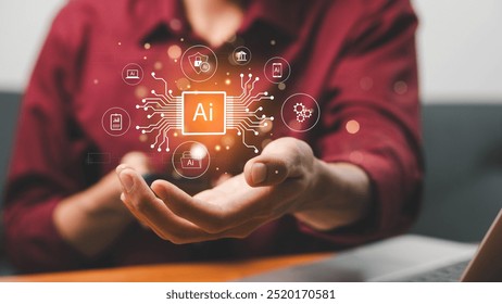 AI technology, Machine learning, Create new innovations, Deep learning, Connecting big data, Humans use AI in their work to help maximize efficiency, Artificial intelligence technology of the future. - Powered by Shutterstock - Get 15% off with code: PIKWIZARD15