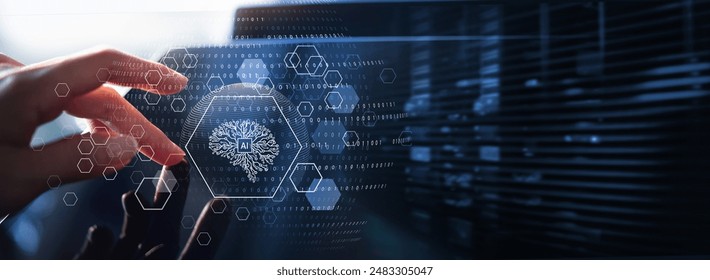 AI technology. Machine learning, Digital technology, Deep learning by AI data analysis, Internet network connecting data center, Software engineer touching virtual AI, abstract technology background