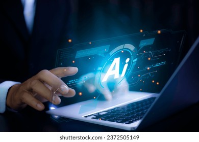 Ai technology, man using Artificial Intelligence technology for working data analysis. Chat with AI,  Big data, data analysis and Document Management System on Futuristic virtual screen AI generate.
