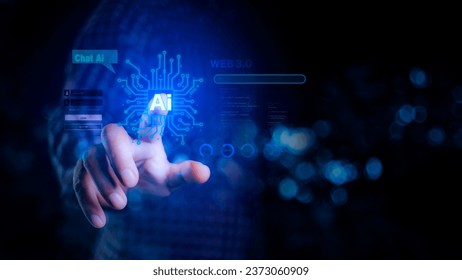 Ai technology, man using Artificial Intelligence technology for working data analysis. Chat with AI,  Big data, data analysis and Document Management System on Futuristic virtual screen AI generate.
