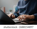 AI technology, Man using generative AI technology on laptop to create content from text prompts. Innovative artificial intelligence system generating images, text, and data through advanced algorithms