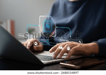 AI technology, Man using generative AI technology on laptop to create content from text prompts. Innovative artificial intelligence system generating images, text, and data through advanced algorithms