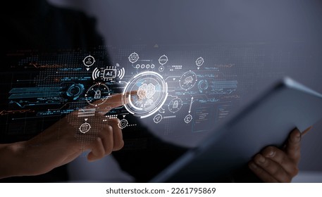 AI technology on mobile devices with various features. Female hand touching AI brain icon on virtual screen via tablet screen. - Shutterstock ID 2261795869