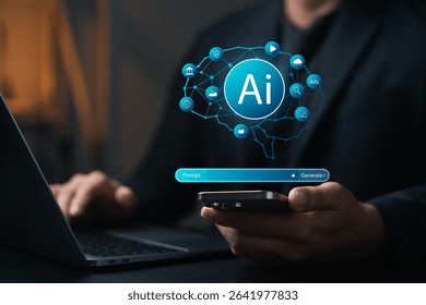 AI technology with prompt generation. Man using smartphone and laptop to interact with artificial intelligence interface, representing smart automation, data processing, and content creation.