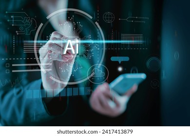 Ai technology, Ai tech. Artificial Intelligence. man using technology smart robot AI, artificial intelligence by enter command prompt for generates something, Futuristic technology transformation.