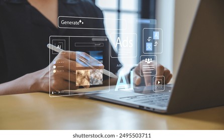 AI technology, Young man using laptop with Ai assistant. command to create something, Generate images by artificial intelligence. - Powered by Shutterstock