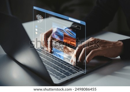 AI technology, Young man using laptop with Ai assistant. command to create something, Generate images by artificial intelligence.