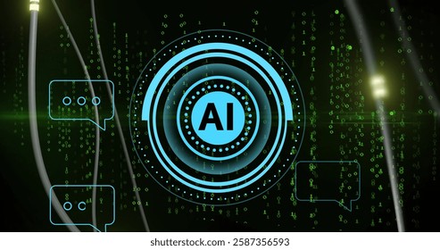 AI text bubbles and binary code image over green digital background. Artificial intelligence, data, technology, communication, futuristic, network