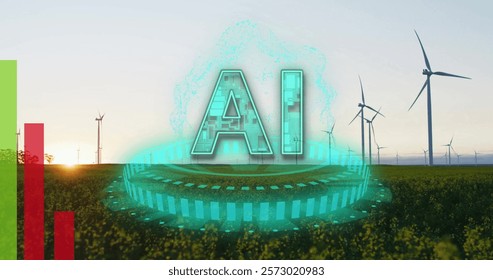 AI text and data processing over wind turbines in green field. Artificial intelligence, technology, renewable energy, sustainability, wind power, green technology