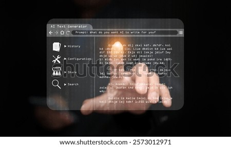 AI text generator concept: a man uses Ai, artificial intelligence, to generate text and assist with writing content