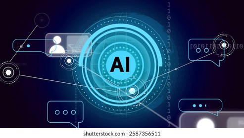 AI text and icons image over digital network connections and binary code. Artificial intelligence, technology, data, futuristic, coding, communication - Powered by Shutterstock - Get 15% off with code: PIKWIZARD15