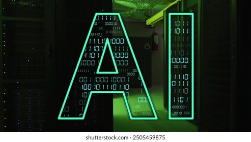 AI text image over binary code and server room background. Technology, data, digital, cybersecurity, programming, network