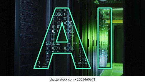 AI text image over binary code and server racks. Technology, data, servers, digital, futuristic, coding