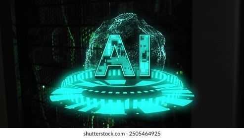 AI text image over futuristic digital interface with glowing green elements. Future, technology, innovation, data, cyber, virtual