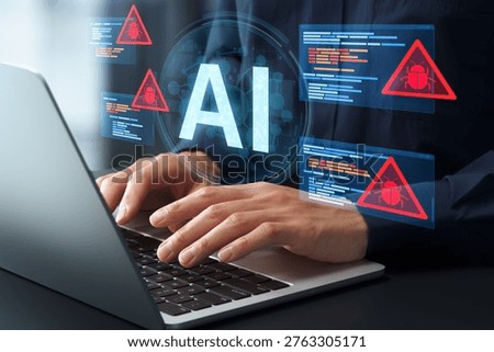 AI tool for detecting bugs in source code. Automatically identifying bugs and suggesting possible fixes. Programmer using AI code analysis system on laptop computer.