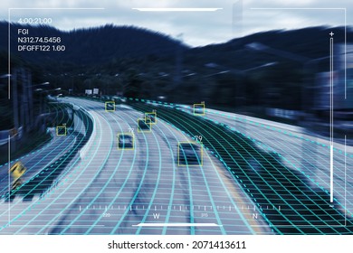 Ai tracking traffic automobile vehicle car recognizing speed limit information system, security surveillance camera monitoring motorway traffic holographic projection artificial intelligent technology