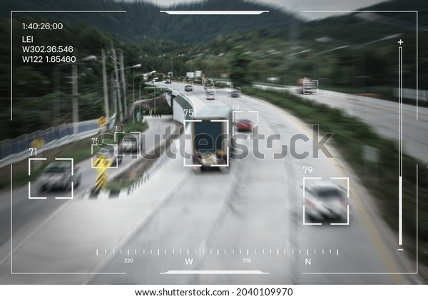 Ai tracking traffic automobile vehicle car\
recognizing speed limit and information system, security\
surveillance camera monitoring motorway traffic tracking artificial\
intelligent technology.