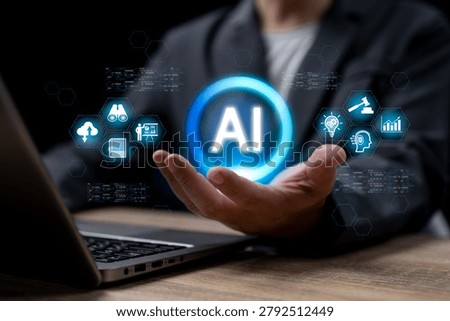 AI Training and Workforce Development Concept, Businessman Using Artificial Intelligence for Skill Enhancement, Knowledge Discovery, Legal Compliance, Ethical AI Adoption and Corporate Innovation