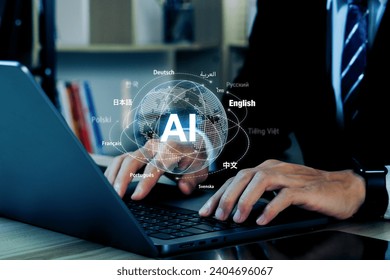Ai translate language concept.Businessman hand with ai translator with blue background, Artificial intelligence chatbot equipped with a Language model technology.