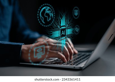 ai, unit, technology, processor, artificial intelligence, innovation, central processing unit, innovative, process, neural. typing at keyboard with laptop ai technology hud embracing the future.