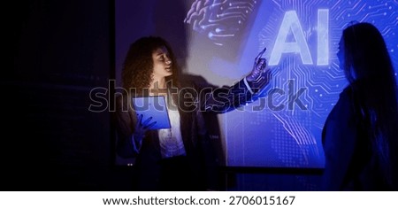 Ai using. Business team using technology artificial intelligence with digital Ai assistant. Futuristic innovation AI technology collaboration and biz ideas for future. Business Tech Startup meeting.