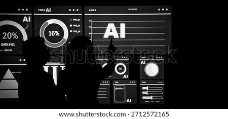 AI Using. Silhouetted analysts interact with a large AI data. AI Display charts graphs and analytics. Business team using futuristic AI interface visuals data. Technology with biz insight and big data