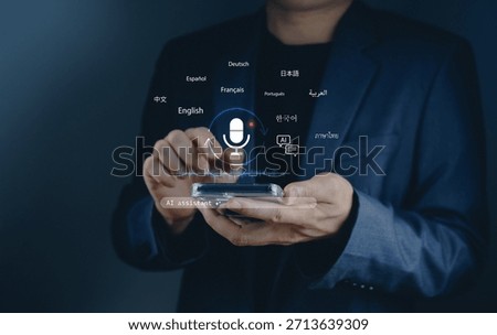 AI voice assistant machine learning translation language learning global with businessman using voice command on smartphone for multilingual interaction and smart communication.