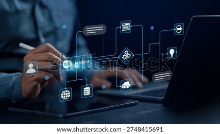 AI workflow automation artificial intelligence. Business professional controlling ai agent workflow automation diagram with user input, processing flow, coding and automation system. data processing.