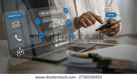 AI workflow Chat interface automation AI assistant messages, contact options and bot interacts on smartphone omnichannel customer support and service automation.