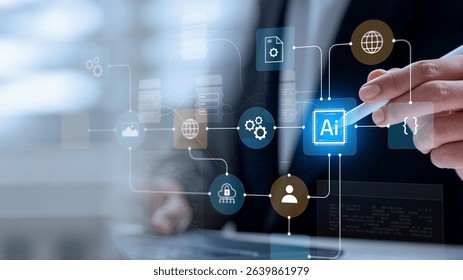 AI workflow optimization concept. showing hand using stylus on digital interface with AI chip, cloud computing, and workflow icons representing automation and machine learning innovation.