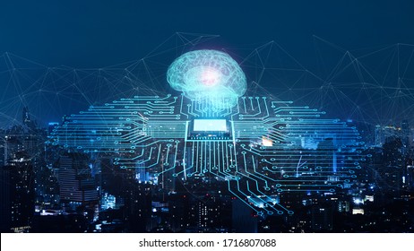 AI(Artificial Intelligence) brain and circuit digital hologram and internet of things on modern city background.Double exposure city of cpu.IoT(Internet of Things),communication network concept.