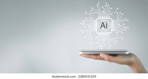 Ai(Artificial Intelligence) concept.,Hand holding smartphone with Ai virtual display over white background suitable for AI technology,Internet of Things IoT idea. - Powered by Shutterstock
