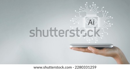 Ai(Artificial Intelligence) concept.,Hand holding smartphone with Ai virtual display over white background suitable for AI technology,Internet of Things IoT idea.