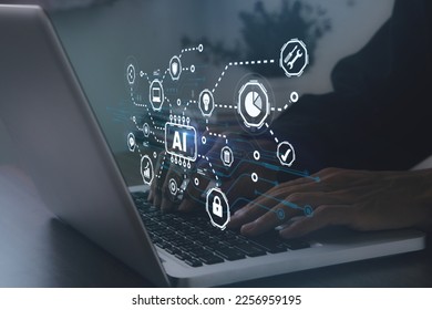 AI,Artificial intelligence concept.Programer querying, analysing and visualizing complex data set on virtual screen.