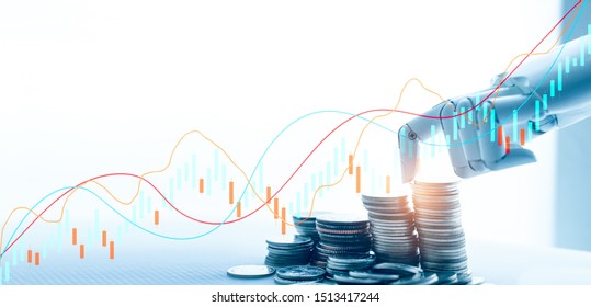 AI(Artificial Intelligence) And Financial Technology Concept.Robot Hand Stacking Pile Of Coins,Financial Technology, Stock Chart,Investment,Fintech On White Background.