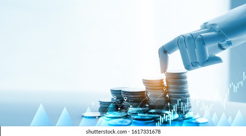 AI(Artificial Intelligence) And Financial Technology Concept.Robot Hand Stacking Pile Of Coins,Financial Technology,Stock Chart,Investment,Fintech On White Background.