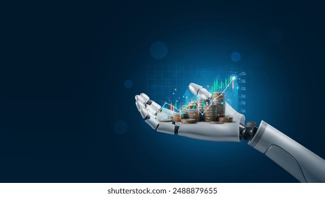 AI(Artificial Intelligence) and Financial Technology concept.Robot Hand holding stacking pile of coins and analyzing the stock market.
, Financial technology, Stock chart, Investment, AI economy. - Powered by Shutterstock