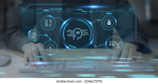 AI-Artificial intelligence innovation. AI adoption and operational support. AI with digital brain, predictive analytics, data analysis. Electronic mind. Neuronet, deep machine learning concept. - Shutterstock ID 2246673795