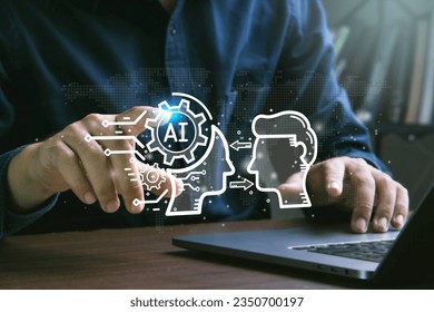 AI,Artificial Intelligence.Man using laptop to chat with AI for access to information and data online network.innovation and futuristic.