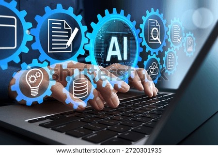 AI-driven document automation solution. Document and text generation with NLP. Intelligent document processing and data extraction. Businessman using RAG Retrieval-Augmented Generation on laptop computer.