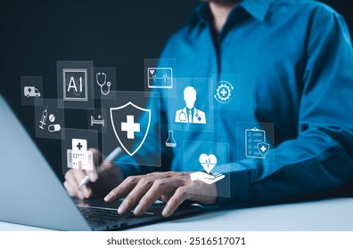 AI-Driven Healthcare and Medical Technology Concept. A professional using laptop with digital AI powered healthcare icons, medical services, data protection, and healthcare technology advancements. - Powered by Shutterstock