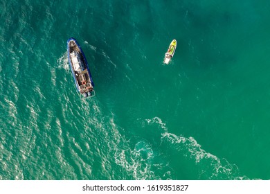 AIFA, ISRAEL- Jan 19, 2020 Aerial View Of Sea, Water Motorcycle And Police Boat. Translation 