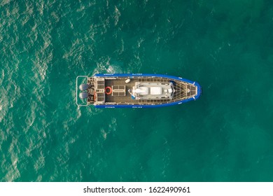 AIFA, ISRAEL- Jan 19, 2020 Aerial View Of Sea, Water Motorcycle And Police Boat. Translation 