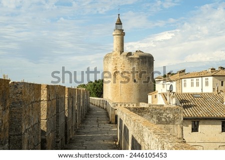 Aigues Mortes medieval ramparts with Constancy Tower panoramic walk, popular tourist attraction in Aigues Mortes, France