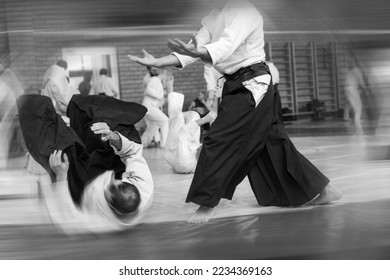 Aikido lifestyle. Black and white sports background in the style of film photography with motion blur and expressionism.
